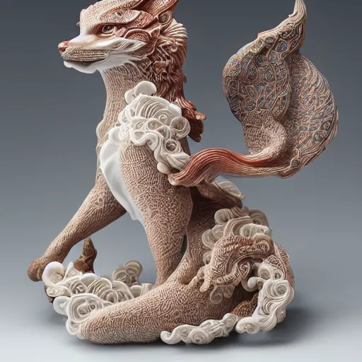 Image similar to A photo-real delicate ceramic porcelain sculpture of an ornate detailed kitsune in front of a intricate background by Victo Ngai and takato yamamoto, micro detail, backlit lighting, subsurface scattering, translucent, thin porcelain, octane renderer, colorful, physically based rendering, japanese pottery, trending on cgsociety