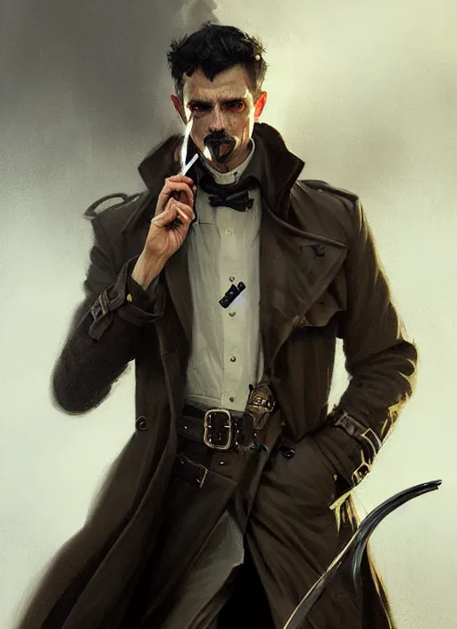 Image similar to portrait of a detective wearing trench coat and smoking puro, holding a sword, victorian, concept art, detailed face, fantasy, close up face, highly detailed, cinematic lighting, digital art painting by greg rutkowski