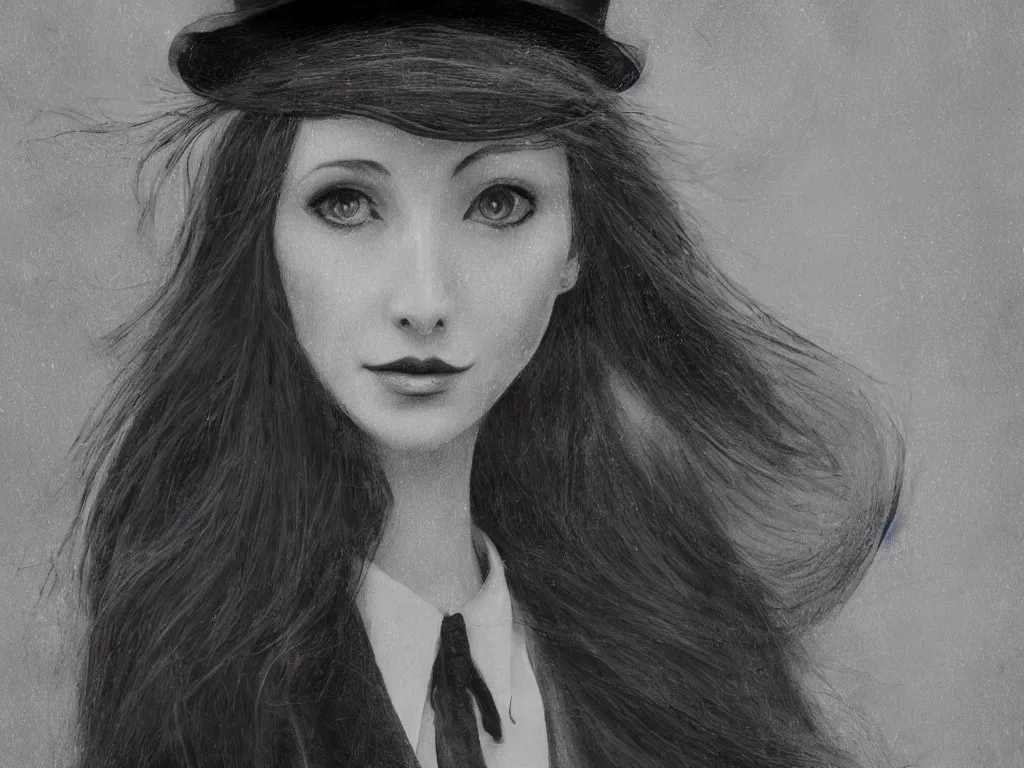 Image similar to Close up portrait of an elegant long haired lady wearing a gentleman suit and tophat in anime style, highly detailed, matte painting, noir, 70s, americana, photorealistic, ethereal ghostly atmosphere