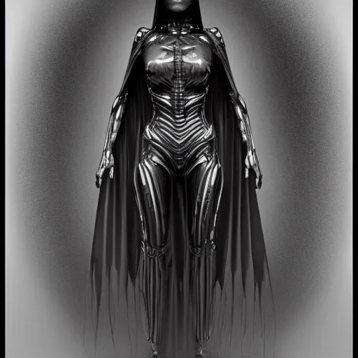 Prompt: 3 d chromium - graphite render of a cloaked cyborg machina - nymphette, portrait by tony diterlizzi and h. r giger, ilford hp 5, 5 5 mm, hyper realistic, hyper - mechanistic by artgerm, gustav dore, steve belledin, gothcore, disturbia, neil blevin