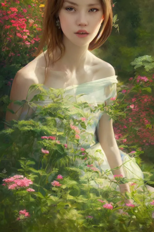 Prompt: portrait of a princess, painting by wlop, michael wellen, john stephens, artgerm, in a verdant garden, tone mapping, trending on artstation