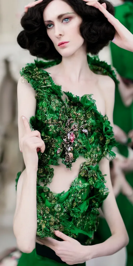 Prompt: fashion photography beautiful green eyes, close up shot, haute couture dresses by balenciaga, canon ef 1 0 5 mm f / 2. 8 the grand budapest hotel