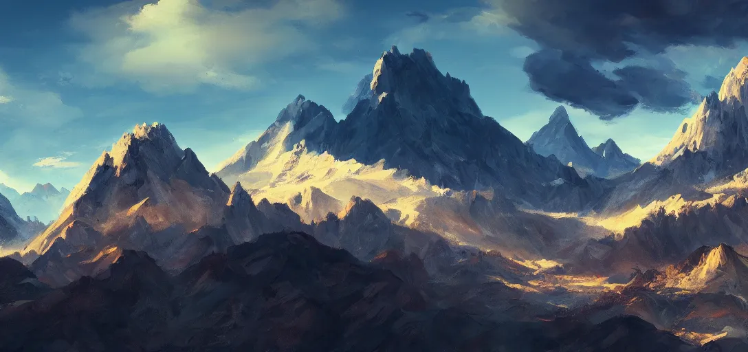Image similar to mountain landscape, craggy mountains, panoramic, painting, color palette, beautiful sky, sharp peaks, soft foothills, artstation award, highly detailed