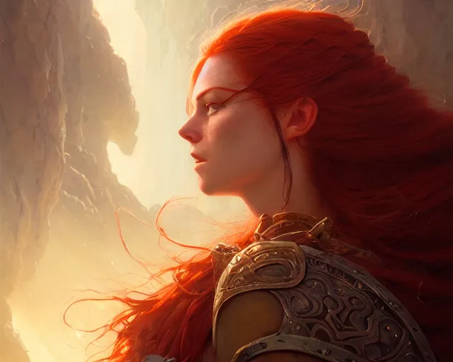 Image similar to highly detailed portrait of a warrior redhead woman, elden ring, stephen bliss, fantasy art by greg rutkowski, loish, rhads, ferdinand knab, makoto shinkai and lois van baarle, ilya kuvshinov, rossdraws, tom bagshaw, global illumination, radiant light, detailed and intricate environment