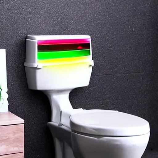 Prompt: rainbow gamer rgb light up toilet