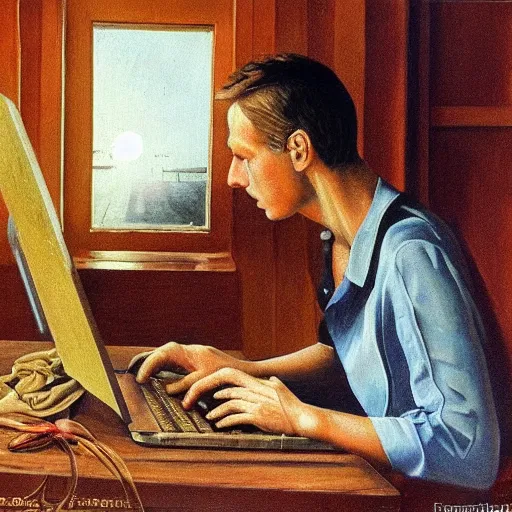 Image similar to detailed intricate soviet realism painting of webdesigner with laptop, heroic, beautiful