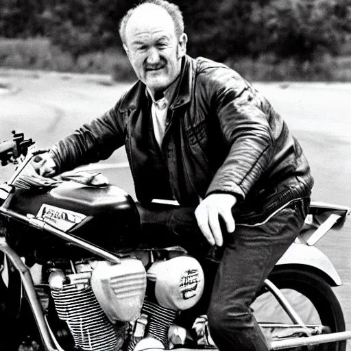 Prompt: gene hackman driving a motorbike