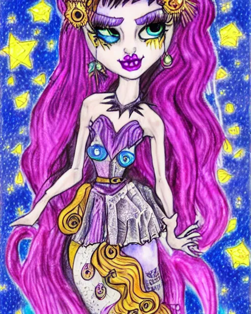 Prompt: josephine wall watercolor pencil drawing of a monster high universe clawdeen wolf fullmoon, stars, sigils and doodles around her, doodles of chibi jesters