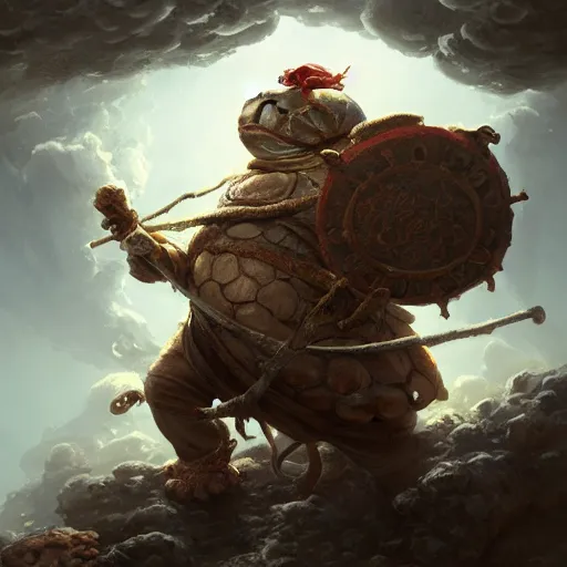 Image similar to cute wise sage turtle holding a staff, wearing a cloak, subsurface scattering, by jesper ejsing, justin gerard, tomasz alen kopera, cgsociety and fenghua zhong, highly detailed, rim light, cinematic lighting, illustration, art, octane render, very coherent, cinematic, hyper realism, high detail, octane render, 8 k