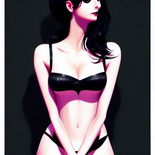 Image similar to Morena Baccarin as a goth gf e-girl, elegant, 2d, ultra highly detailed, digital painting, smooth, sharp focus, artstation, pixiv, art by Ilya Kuvshinov