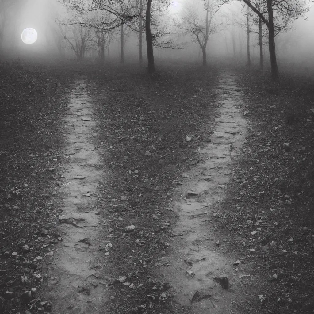 Image similar to path made of skulls, fog, moonlight, scary humanoid standing in the middle