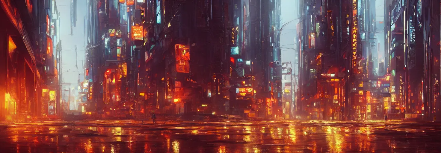 Image similar to an epic painting of the city street road, oil on canvas, cold colors, perfect composition, golden ratio, beautiful detailed, photorealistic, digital painting, artstation, concept art, smooth, sharp focus, illustration, cyberpunk background, artstation trending, octane render, unreal engine