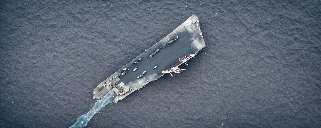 Image similar to low level cinematic aerial shot of abandoned aircraft carrier in the middle of black sand beach in iceland