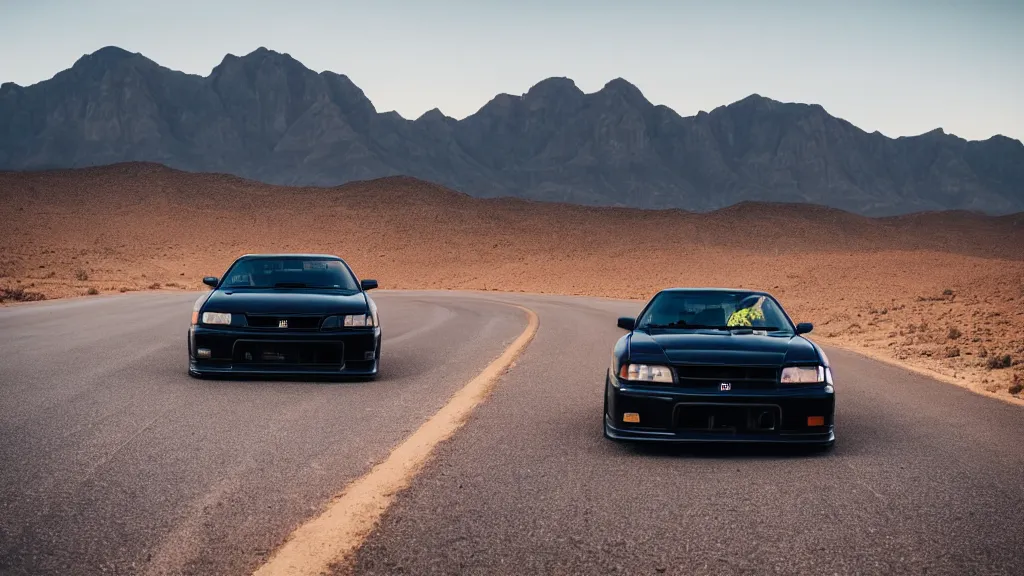 Prompt: three quarter front photo of a stock dark grey nissan r 3 2 skyline gtr on a road in a desert with a mountain in the background in the early morning, car photography, depth of field, zoom lens, blue hour, photorealistic