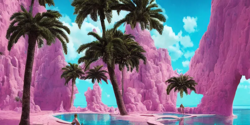 Image similar to artgem and Beeple masterpiece, hyperrealistic surrealism, award winning masterpiece with incredible details, epic stunning, infinity pool, a surreal vaporwave liminal space, highly detailed, trending on ArtStation, calming, meditative, pink arches, palm trees, very vaporwave, very very surreal, sharp details, dreamscape, giant head statue ruins