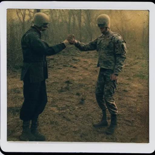 Prompt: old polaroid depicting a handshake between a us military general and a grey alien, at a clearing, at dusk