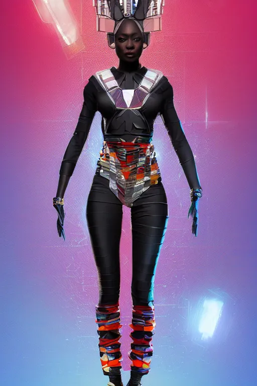 Prompt: full body portrait of the African Android Queen, by DC comics and Sandra Chevrier and beeple, artstation, volumetric lighting, hyperrealism, award winning costume design, fine textures, electric weave, 4k UHD, 50mm