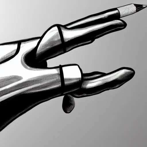 Prompt: robotic hand holding a pencil, artstation, digital art, top view