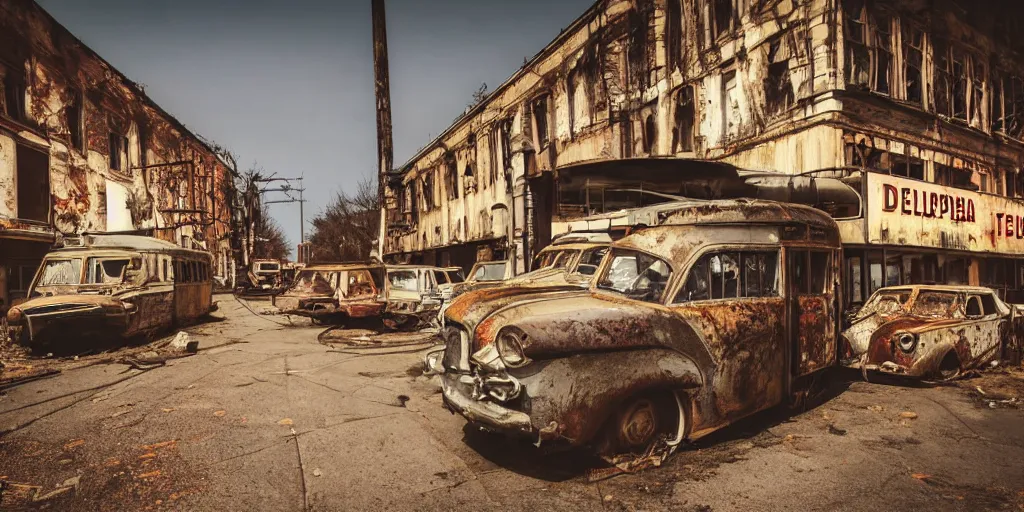 Prompt: low wide angle shot of dilapidated fallout 5 europa, temperate european small town, desolate, dilapidated neon signs, few rusted retro futuristic vintage parked vehicles like cars, buses, trucks, trams, volumetric lighting, photorealistic, daytime, autumn, sunny weather, sharp focus, ultra detailed, 4 0 0 0 k