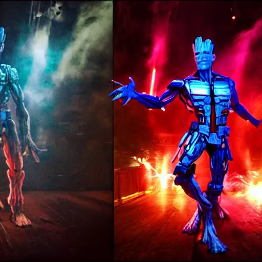 Image similar to groot and optimus prime dancing at techno party among people, wide shoot, after effect, ultra realistic 3 d