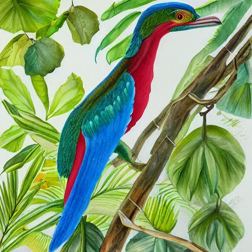 Image similar to A painting of a Resplendant Quetzal on a white background, watercolour, pastel colours,