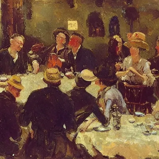 Prompt: a beautiful sculpture of a group of people gathered around a table in a tavern. they are all eating and drinking, and appear to be enjoying themselves. buff by arthur streeton playful, incredible