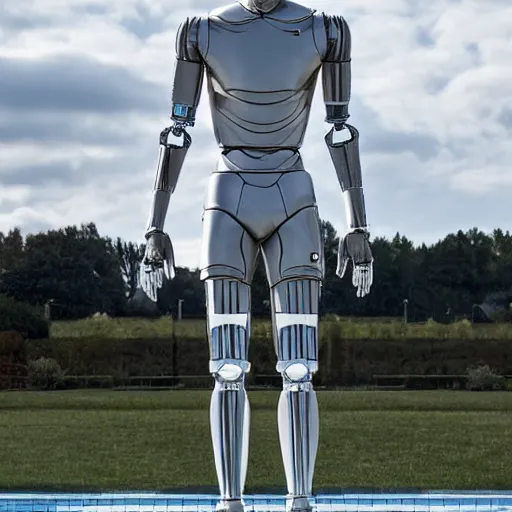 Image similar to a realistic detailed photo of a guy who is an attractive humanoid who is half robot and half humanoid, who is a male android, soccer player martin ødegaard, shiny skin, posing like a statue, blank stare, by the pool, on display, showing off his muscles, humanoid robot, frozen ice statue