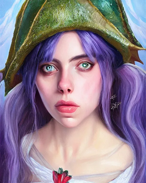 Image similar to billie eilish as a beautiful elf princess, oil painting, by laura sava