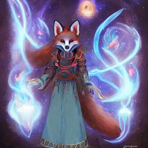 Image similar to a painted avatar portrait of an awesome cosmic powerful anthropomorphic kitsune fox mage themed around life and death and the stars and the cosmos and dressed in elegant elven mage robes, in the style of dnd beyond avatar portraits, beautiful, artistic, elegant, lens flare, magical, lens flare, nature, realism, stylized, art by jeff easley