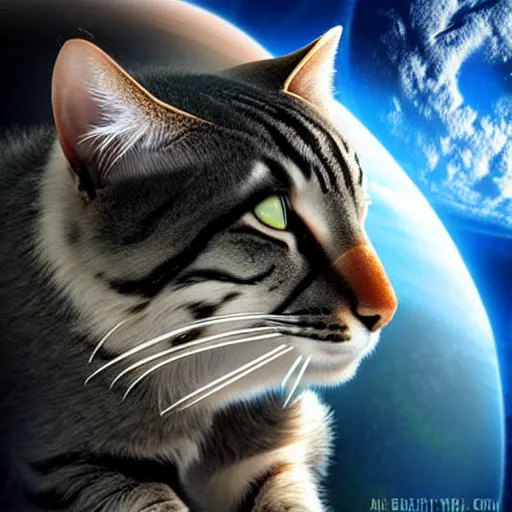 Image similar to ( very giant ) sci - fi cat!, in space ( earth in its mouth )