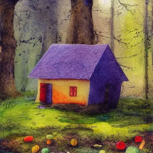 Prompt: small wooden house in the middle of spring forest, bright colours, watercolor, volumetric wool felting, macro photography, children illustration, by michael sowa