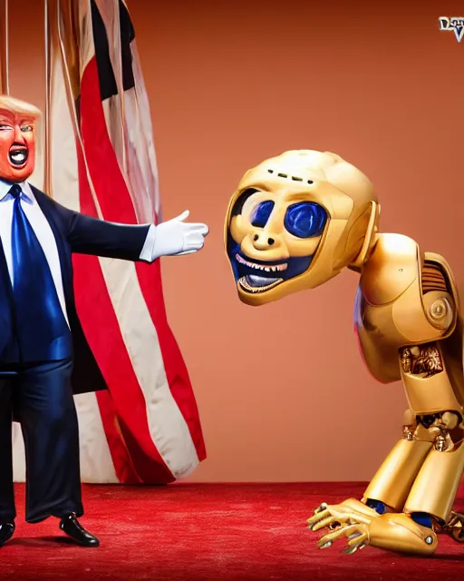 Image similar to Donald Trump as an animatronic Robot, Hyperreal, highly detailed hands and Face, Studio Lighting, in the Style of Disney Imagineering