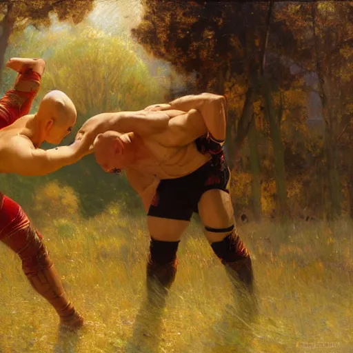 Image similar to bald wrestler breaking blonde wrestler's back, radiant light, caustics, heroic, bright iridescent light, by gaston bussiere, bayard wu, greg rutkowski, maxim verehin, epic wrestling combat, legendary