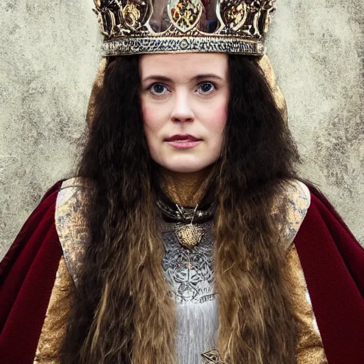 Prompt: photo of a real! beautiful nordic queen with ornate crown and cloak