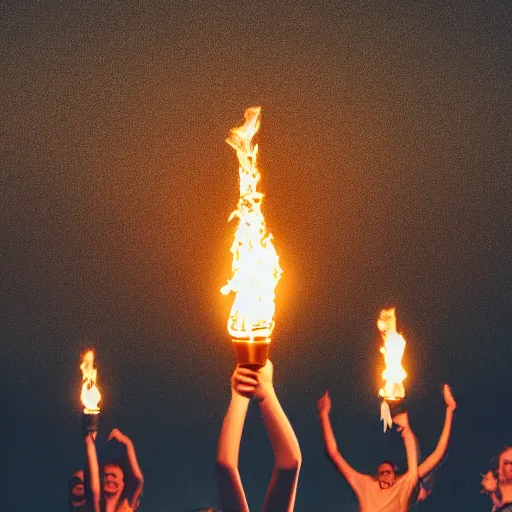 Image similar to a mob carrying torches standing in the shape of a peace sign, photography, highly detailed, high quality, 8 k, soft lighting,