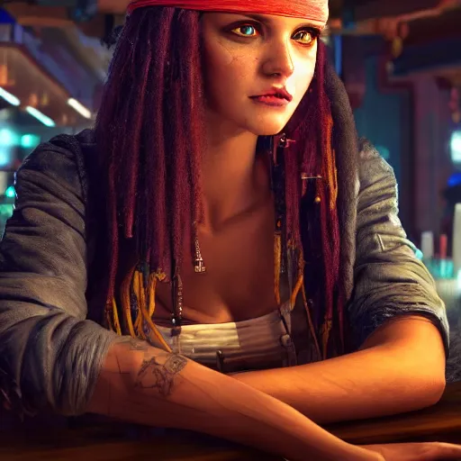 Image similar to a high quality portrait of a beautiful female pirate in a cyberpunk cafe realism 8k