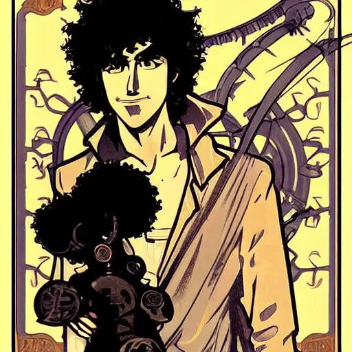 Image similar to concept art, silhouette of Spike Spiegel in front of Ganymede in the style of Alphonse Mucha and Hiroya Oku, very detailed, trending on artstation,