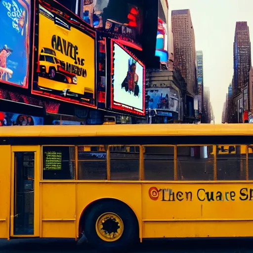 Prompt: giant snake eats yellow school bus, bus swallowed by giant snake, time square, cinematic, dramatic, film still