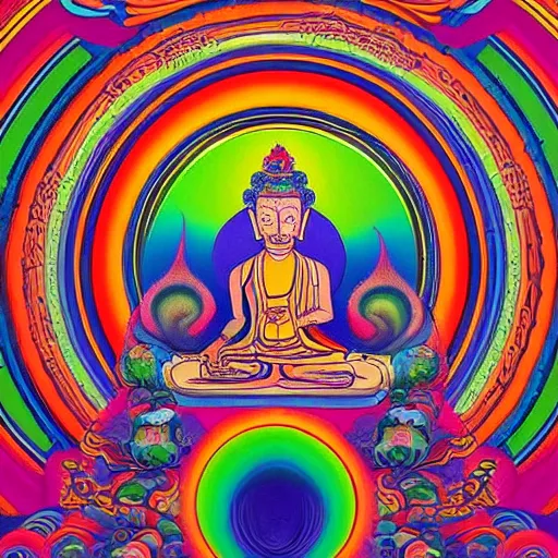 Image similar to psychedelic trippy artwork, focus clarity, tibetan buddhism, the meaning of Dzogchen, full color, a life of primordial grounding, award-winning, trending