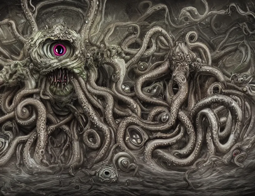 Image similar to shoggoth, eldritch horror, tentacles, gaping maw, multiple eyeballs, ultra detailed 8k render, horror art