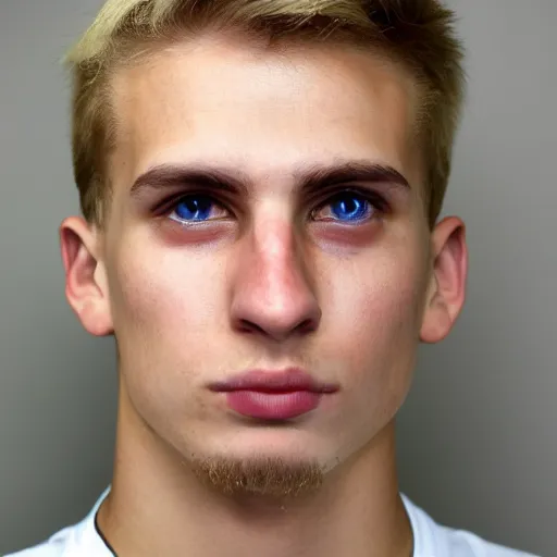 Image similar to an close - up photo of an american 2 0 yo man wearing a white shirt and black tracksuit, blonde hair, hazel eyes, small blond goatee, biggish nose, 1 7 0 lbs