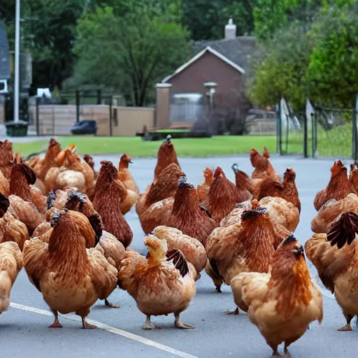 Image similar to an army of chickens with helmets marching with their guns