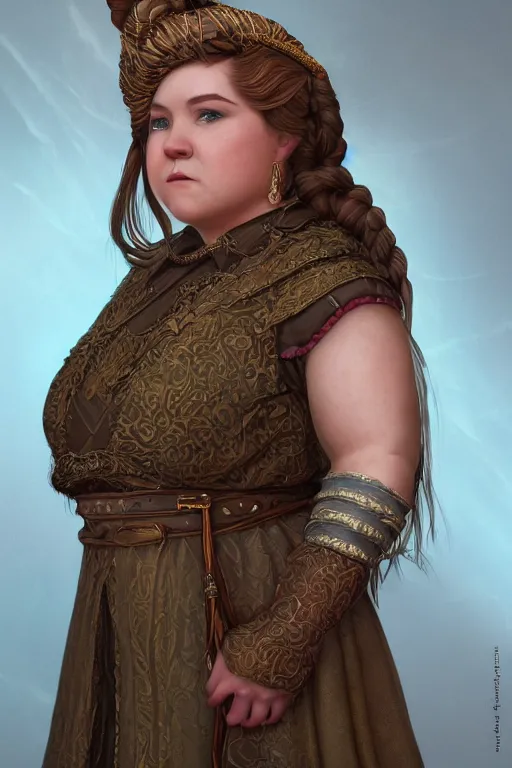 Prompt: Portrait | chubby female dwarven noblewoman | long brocade dress | elaborated braided hair | style by wayne reynolds, jeff easley dramatic light | high detail | cinematic lighting | artstation | Regal and Proud robust woman| bold serious expression | dungeons and dragons |