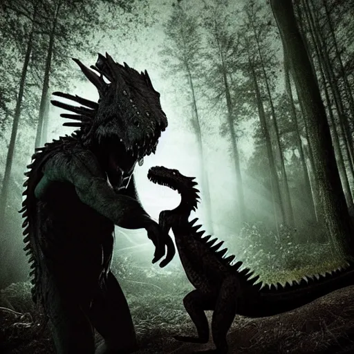 Image similar to werecreature consisting of a alligator and a human, werealligator, photograph captured in a dark forest