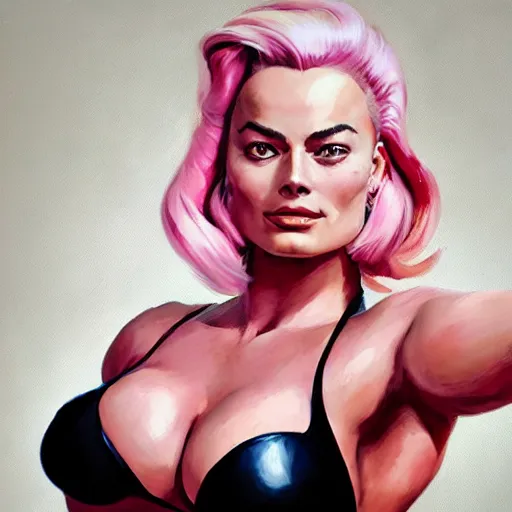 Prompt: greg manchess portrait of margot robbie as very happy thick muscular female bodybuilder zarya from overwatch with pink hair in disco elysium, fantasy, medium shot, asymmetrical, profile picture, organic painting, matte painting, bold shapes, hard edges, street art, trending on artstation, by huang guangjian and gil elvgren and sachin teng