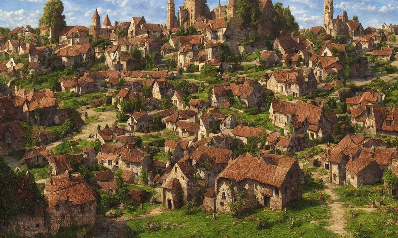 Image similar to beautiful medieval village with a few houses and farms, digital art by James Gurney and John Howe and Alan Lee