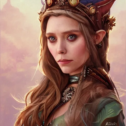 Image similar to Elizabeth Olsen as a elf archer, cute, fantasy, intricate, elegant, highly detailed, centered, digital painting, artstation, concept art, smooth, sharp focus, illustration, art by artgerm and H R Giger and alphonse mucha