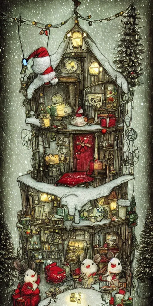 Image similar to an indoor christmas mice scene by alexander jansson