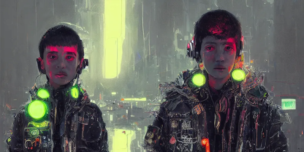 Image similar to detailed portrait Neon guard boy with short dark hair seen from the back, cyberpunk futuristic, reflective puffer jacket, black leggings, decorated with traditional ornaments in front of a dystopian crowd with piles of garbage by Ismail inceoglu dragan bibin hans thoma, Perfect face, fine details, realistic shaded, fine-face, pretty face