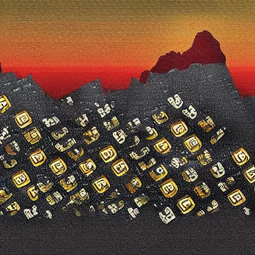 Image similar to a mountain made out of computer screens that display bitcoin logos, cinematic, post - apocalyptic landscape, harsh contrast lighting, in the style of surrealism, made by salvador dali